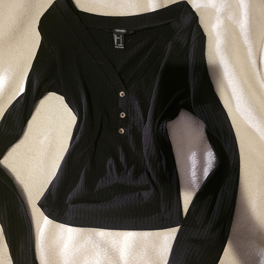 Forever 21 Black Ribbed Henley Long Sleeve Top - V-Neck Button Detail